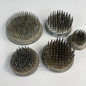 Lot 5 Vintage Metal Flower Frogs Round Floral Pin Holders